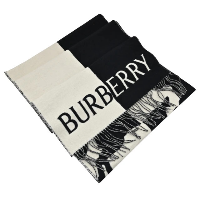 BURBERRY 巴寶莉 經典LOGO雙色100%喀什米爾羊毛保暖披肩長圍巾(黑白)