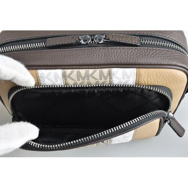 【Michael Kors】MK MICHAEL KORS Hudson LOGO拉鍊牛皮拼接雙條紋PVC斜背包(淺駝x褐x白/附零錢包)