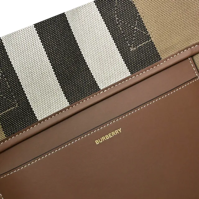 【BURBERRY 巴寶莉】英系經典品牌格紋棉麻肩背包購物包托特包(咖邊)