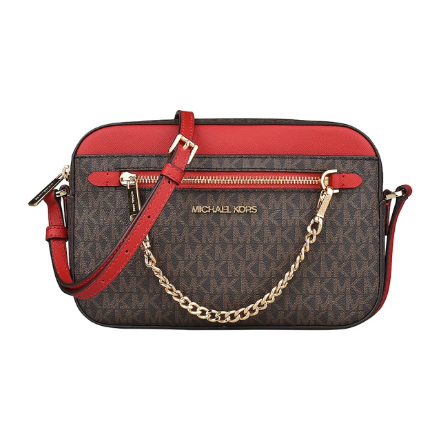 Michael Kors MK MICHAEL KORS JET SET LOGO拉鍊PVC金字鍊帶斜背相機包(大/深棕x火焰紅)