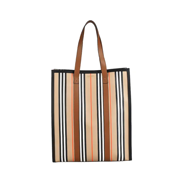 【BURBERRY 巴寶莉】BURBERRY燙金字LOGO PVC直條紋設計按釦式直立手提/肩背托特包(卡其x黑)