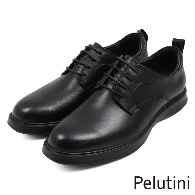 Pelutini 經典素面壓線綁帶休閒氣墊皮鞋 黑色(412119-BL)