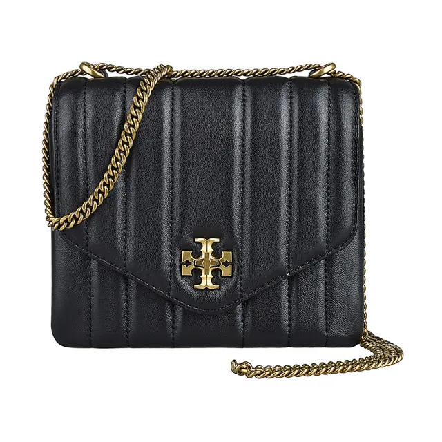 【TORY BURCH】TORY BURCH Kira金屬LOGO翻蓋鎖釦式直條絎縫羊皮鏈帶斜背方形包(黑)