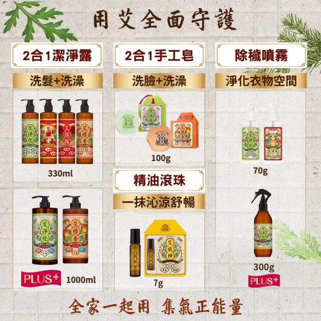 【美吾髮】艾淨化 艾草強運能量PLUS淨化除穢3法寶(PLUS潔淨露1000ml＋除穢噴霧＋艾草皂/手工皂)