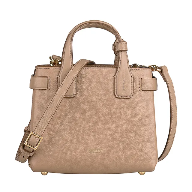 【BURBERRY 巴寶莉】BURBERRY The Baby Banner House燙金字LOGO牛皮釦帶開口式手提/斜背包(小/駝x格紋)