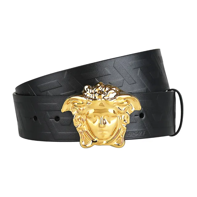 【VERSACE 凡賽斯】VERSACE La Medusa Greca鍍金扣頭LOGO壓花小牛皮扣式皮帶(男款/黑)