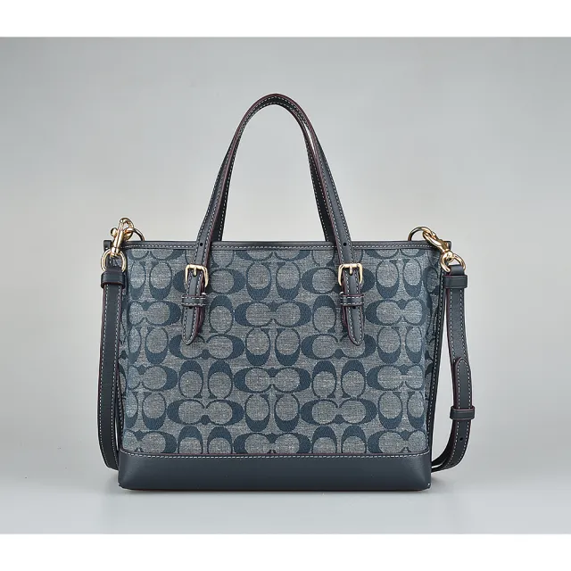 【COACH】COACH MOLLY 25 MOLLIE馬車LOGO開口式手提緹花帆布搭牛皮斜背托特包(丹寧藍)