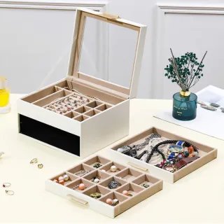 【桌上質感】可視開窗皮革三層收納盒(手鐲 戒指 耳環 項鍊 飾品盒 珠寶盒 手錶 小物 首飾盒 交換禮物)