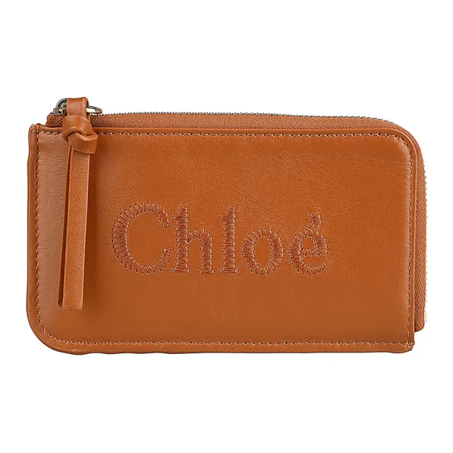 【Chloe’ 蔻依】Chloe’ Sense刺繡LOGO小牛皮拼小羊皮4卡拉鍊卡夾零錢包(焦糖棕)