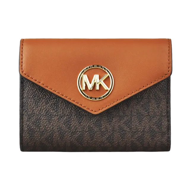 【Michael Kors】MK MICHAEL KORS CARMEN金字LOGO釦式PVC拼牛皮4卡短夾(橡子棕x深褐)