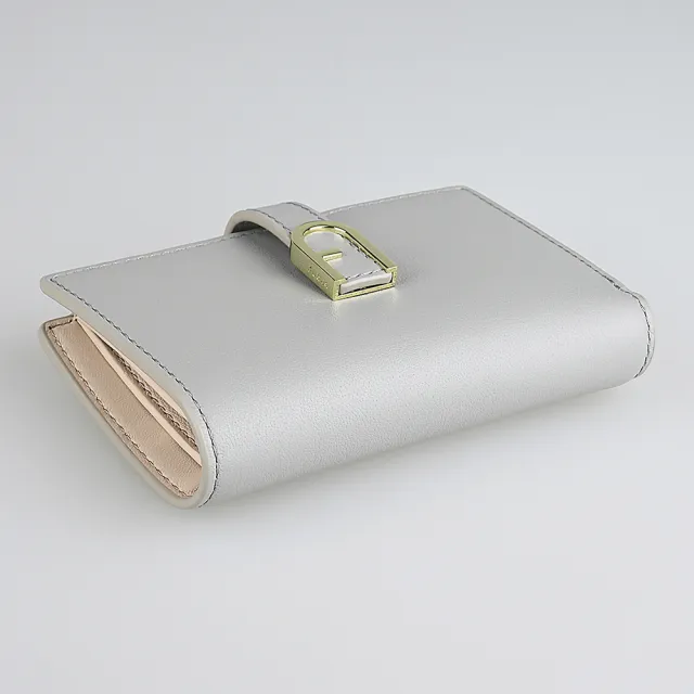 【FURLA 芙拉】FURLA Flow拱形金釦LOGO小牛皮6卡按釦式對折中夾(小/灰x內裡米)
