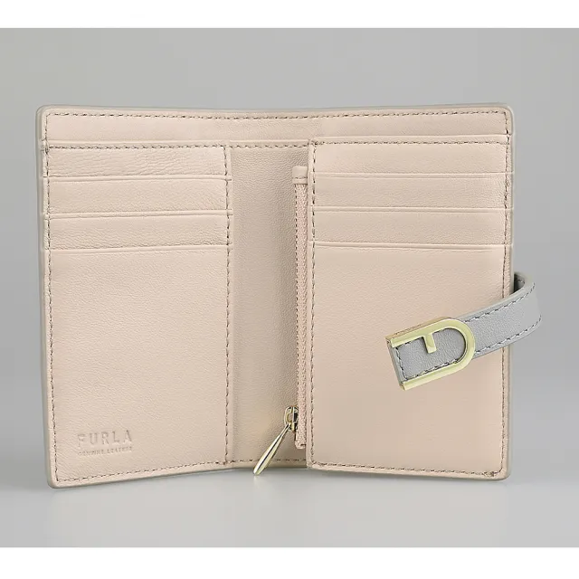 【FURLA 芙拉】FURLA Flow拱形金釦LOGO小牛皮6卡按釦式對折中夾(小/灰x內裡米)