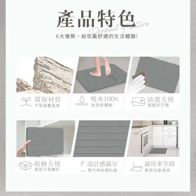 【Comfort+舒適家】深呼吸珪藻土吸水快乾地墊(礫石灰條紋)