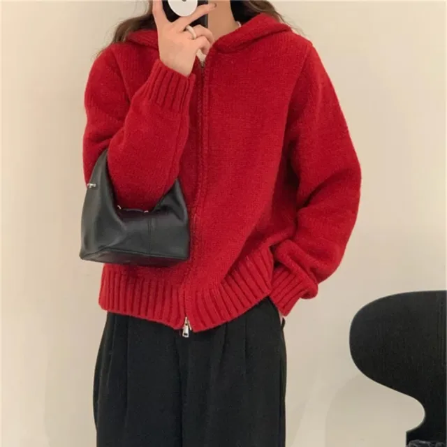【巴黎精品】現貨+預購 針織外套長袖毛衣(加厚連帽短款修身女外套6色a1hj47)