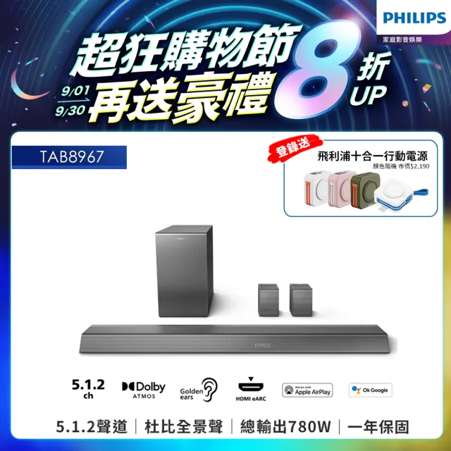 【Philips 飛利浦】5.1.2聲道全景聲環繞家庭劇院/聲霸(TAB8967/96)