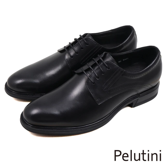 Pelutini 素面壓線孔洞商務綁帶德比鞋 黑色(412111-BL)