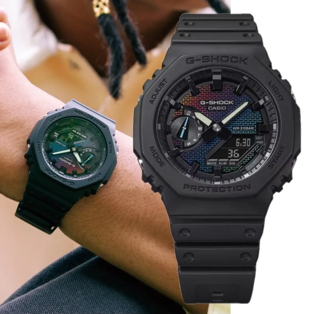 CASIO 卡西歐】G-SHOCK 磚牆系列彩虹蒸鍍耐衝擊雙顯腕錶44.4mm(GA-2100RW-1A) - momo購物網-  好評推薦-2024年9月