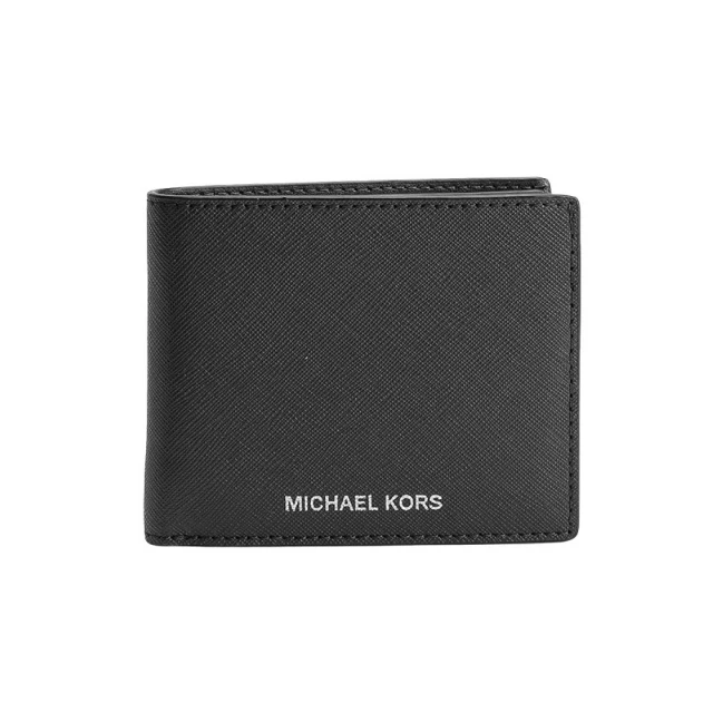 Michael Kors Harrison 銀色燙金LOGO 對開短夾附活動ID票夾(黑色)