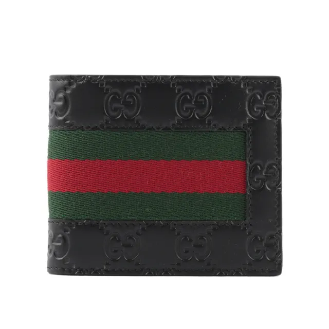【GUCCI 古馳】經典GG Supreme系列皮革織帶摺疊短夾(黑色)