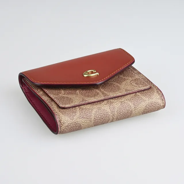 【COACH】COACH黃銅C字LOGO牛皮拼接PVC6卡扣式三折短夾(棕x銹紅)