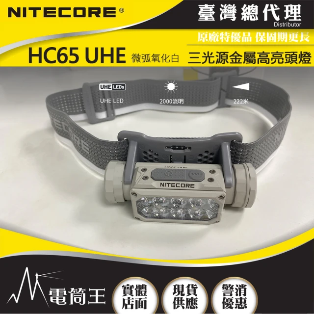 NITECORE 電筒王 HC65 UHE(2000流明 222米 三光源金屬高亮頭燈 紅/白光 8核UHE LED 微弧氧化灰)