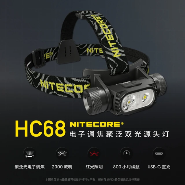 NITECORE HC68 2000流明(電子調焦 聚泛光 雙光源 頭燈 戶外 釣魚 露營 登山 高亮強光)