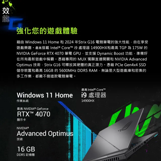 【ASUS】升級32G組★16吋i9 RTX4070電競筆電(G614JI-0041C13980HX-NBL/i9-13980HX/16G/1TB/W11)