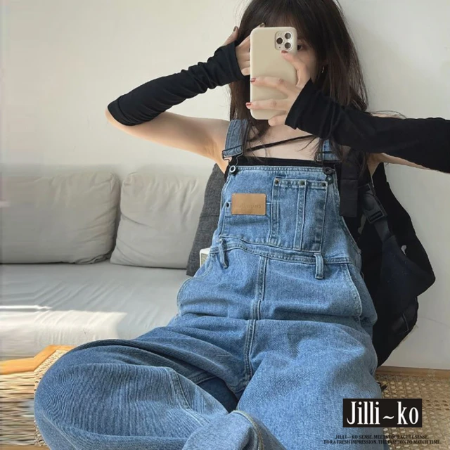 JILLI-KO 鹽系皮牌貼布寬鬆闊腿直筒牛仔吊帶褲-L/XL/2XL(藍)