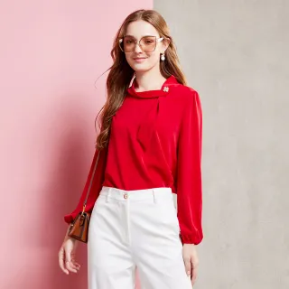 【MYVEGA 麥雪爾】MA不對稱絲巾造型雪紡上衣-紅