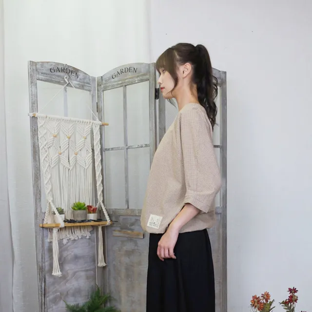 【Hana Mokuba】花木馬日系女裝圓領七分袖下襬收口細格紋上衣(上衣)