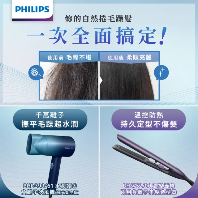 【Philips 飛利浦】溫控直捲兩用美髮造型器/離子夾 BHS752/00(國際電壓)