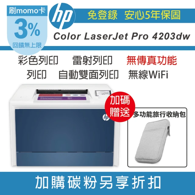 HP 惠普 Color LaserJet Pro 4203dw 無線自動雙面列印 彩色雷射印表機(取代M255dw /M454DW 無傳真)