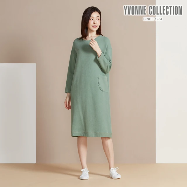 YVONNE 以旺傢飾 華夫格繡字長袖洋裝-高地綠