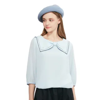 【SCOTTISH HOUSE】蝴蝶結領片七分袖上衣-藍/米白CHUB1359