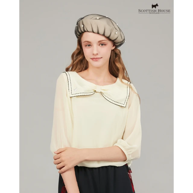SCOTTISH HOUSESCOTTISH HOUSE 蝴蝶結領片七分袖上衣-藍/米白CHUB1359