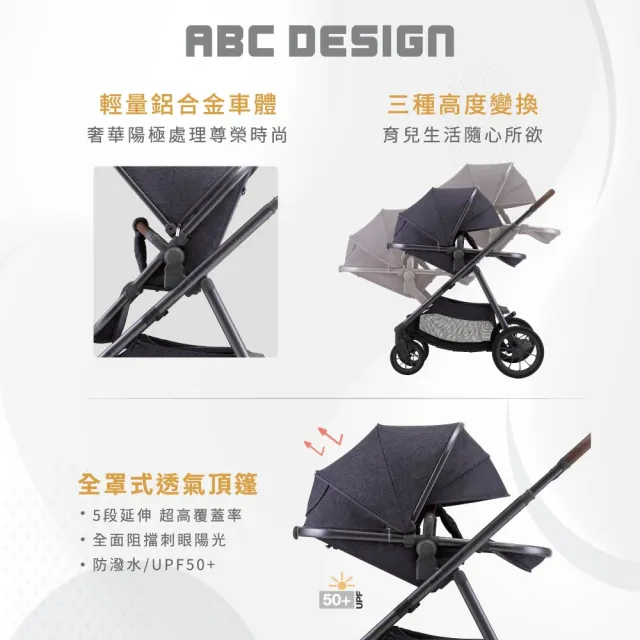 【ABC Design】GT 百變三人座-雙人推車 極致黑(贈新生兒睡墊 雙人模式 雙座椅 雙寶推車)