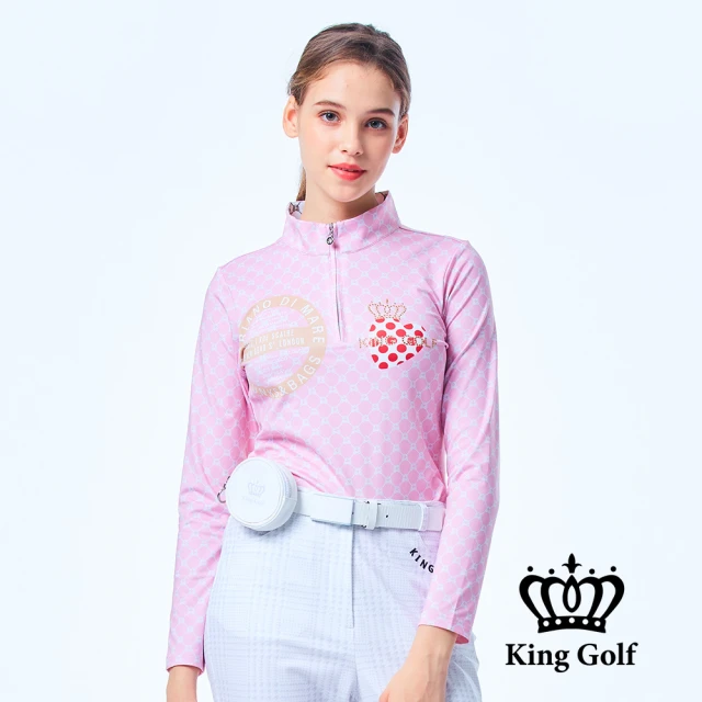 KING GOLF 網路獨家-女款愛心點點印花立體貼鑽長袖立領拉鍊長袖POLO衫/高爾夫球衫(粉色)