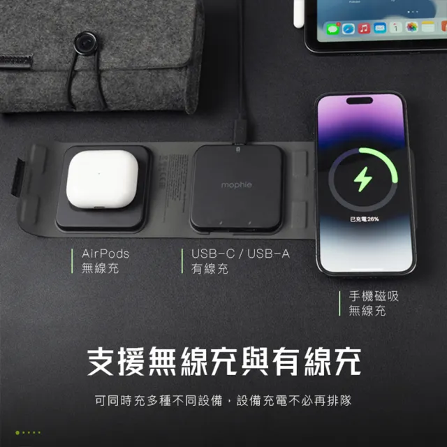 【mophie】Snap+15W 磁吸三合一旅行無線充電器附磁吸環(Apple官方唯一推薦合作品牌)