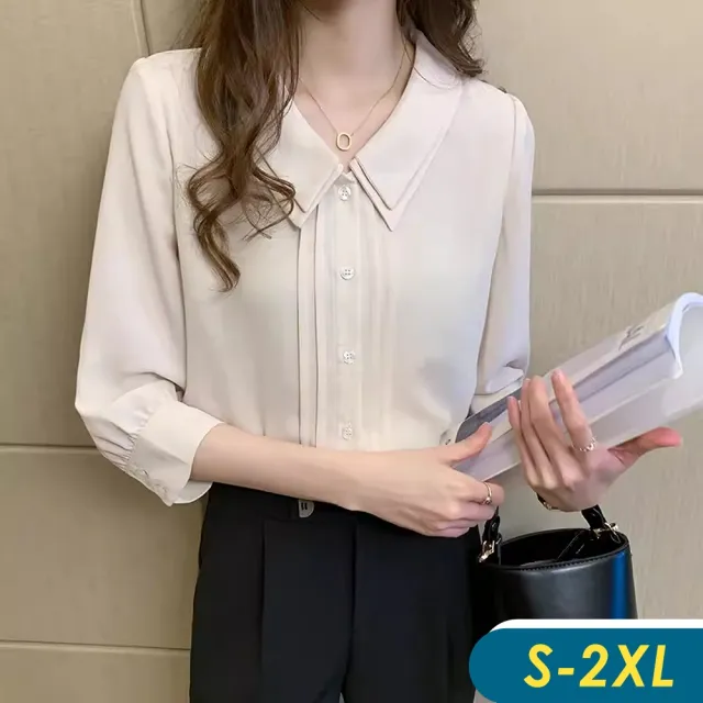 【CHACO】/預購/女 杏色雙層娃娃領俐落半袖襯衫雪紡衫上衣#6975(雪紡 上衣 襯衫 娃娃領 杏色 女 春夏)