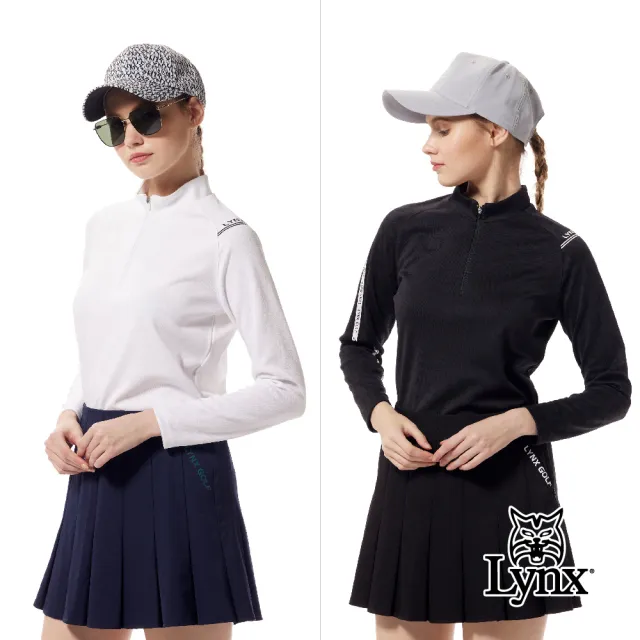 【Lynx Golf】首爾高桿風格!女款合身版吸溼排汗剪接特殊領型膠印造型長袖立領POLO衫/高爾夫球衫(二色)