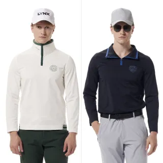 【Lynx Golf】首爾高桿風格！男款合身版彈性舒適羅紋下擺剪接立領造型山貓圖騰印花長袖POLO衫(二色)
