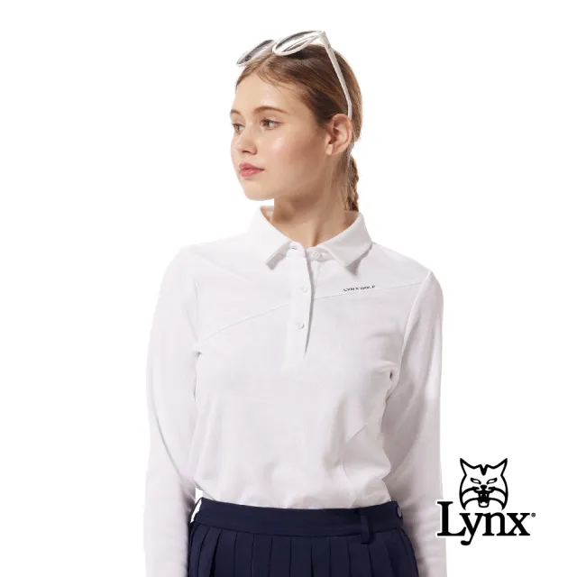 【Lynx Golf】首爾高桿風格！女款合身版吸溼排汗Lynx字樣剪接不對稱造型長袖POLO衫/高爾夫球衫(二色)