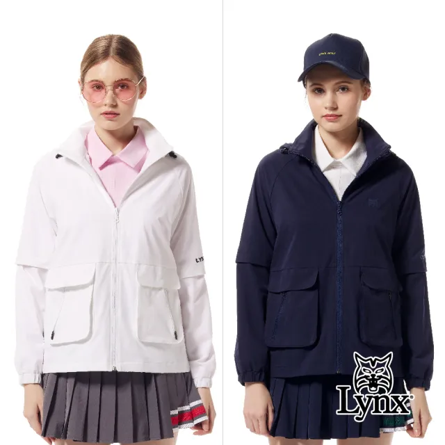 【Lynx Golf】首爾高桿風格！女款防潑水內刷毛環保素材可拆袖設計雙拉鍊口袋長袖可拆式連帽外套(二色)