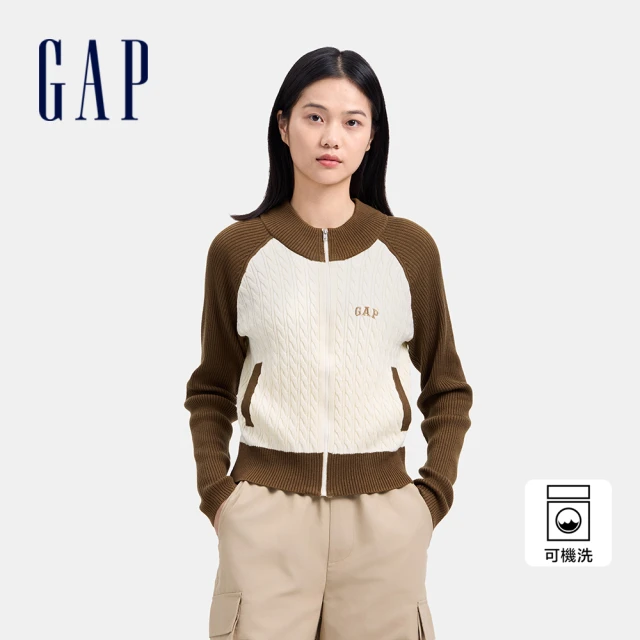 GAP 女裝 Logo刺繡圓領針織外套-象牙白拼接(638196)