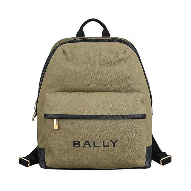 【BALLY】BALLY Bar經典燙印黑字LOGO帆布拼接牛皮拉鍊後背包(卡其綠)