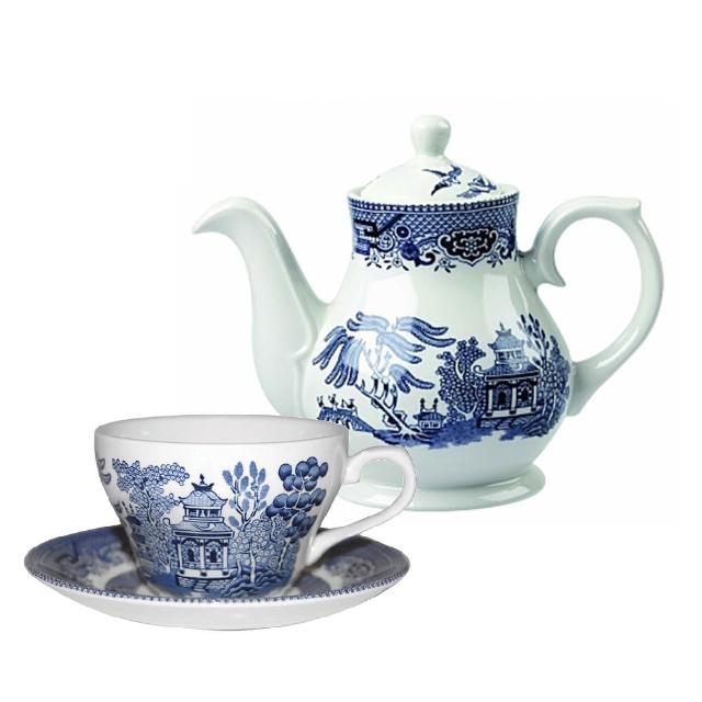 【英國CHURCHiLL邱吉爾】Blue willow 柳樹單人茶具禮盒組1壺1杯盤(經典藍瓷茶壺&杯盤)