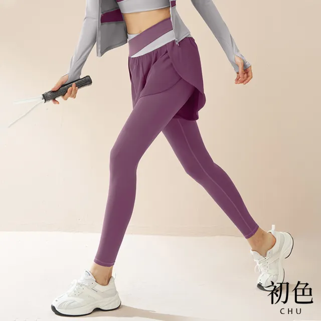 【初色】假兩件遮肉顯瘦防走光收腰彈力瑜珈運動長褲顯瘦褲-共5色-37487(M-2XL可選)