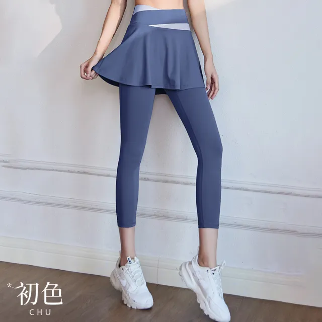 【初色】高腰提臀防走光彈力拼色假兩件九分褲瑜珈運動長褲顯瘦褲-共5色-37484(M-2XL可選)