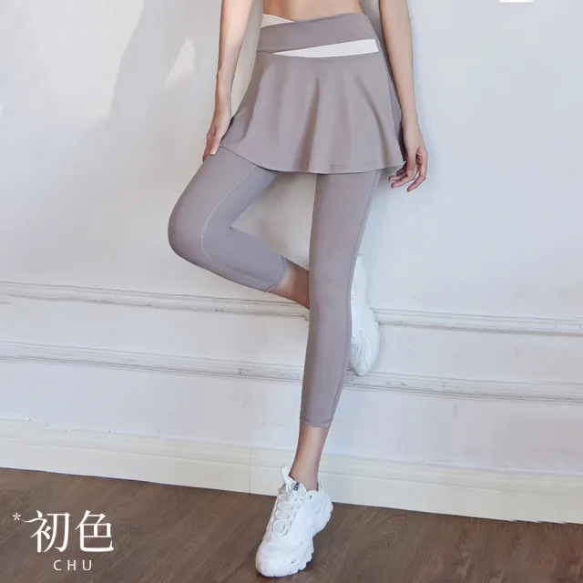 【初色】高腰提臀防走光彈力拼色假兩件九分褲瑜珈運動長褲顯瘦褲-共5色-37484(M-2XL可選)