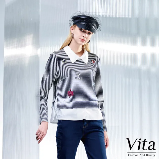 【MYSHEROS 蜜雪兒】VITA 棉質造型上衣 針織條紋假兩件 卡通刺繡徽章裝飾(白)